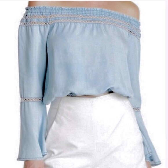 Walter Baker Crop Top Womens Medium Light Blue Bell Sleeve Lyocell - Picture 1 of 12